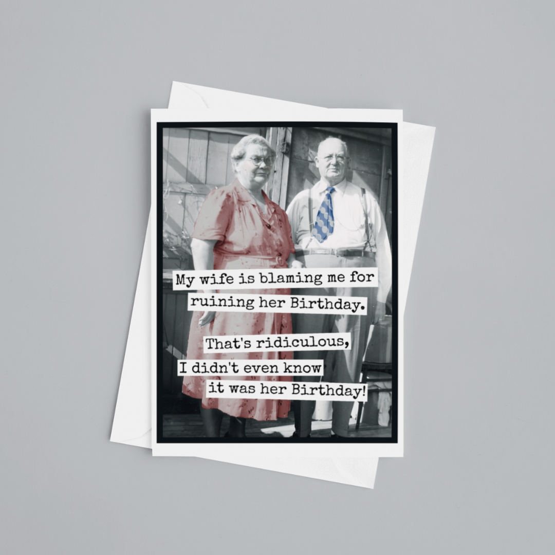 Greeting card with black and white photo of two people and humorous text on a gray background