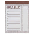 A brown and white notepad with "CHECKLIST" at the top, followed by "Anticipated Accomplishments:" and blank lines with checkboxes. On the right side, there's a section for "Margin of Maybes:". The edges of the notepad have a patterned border.