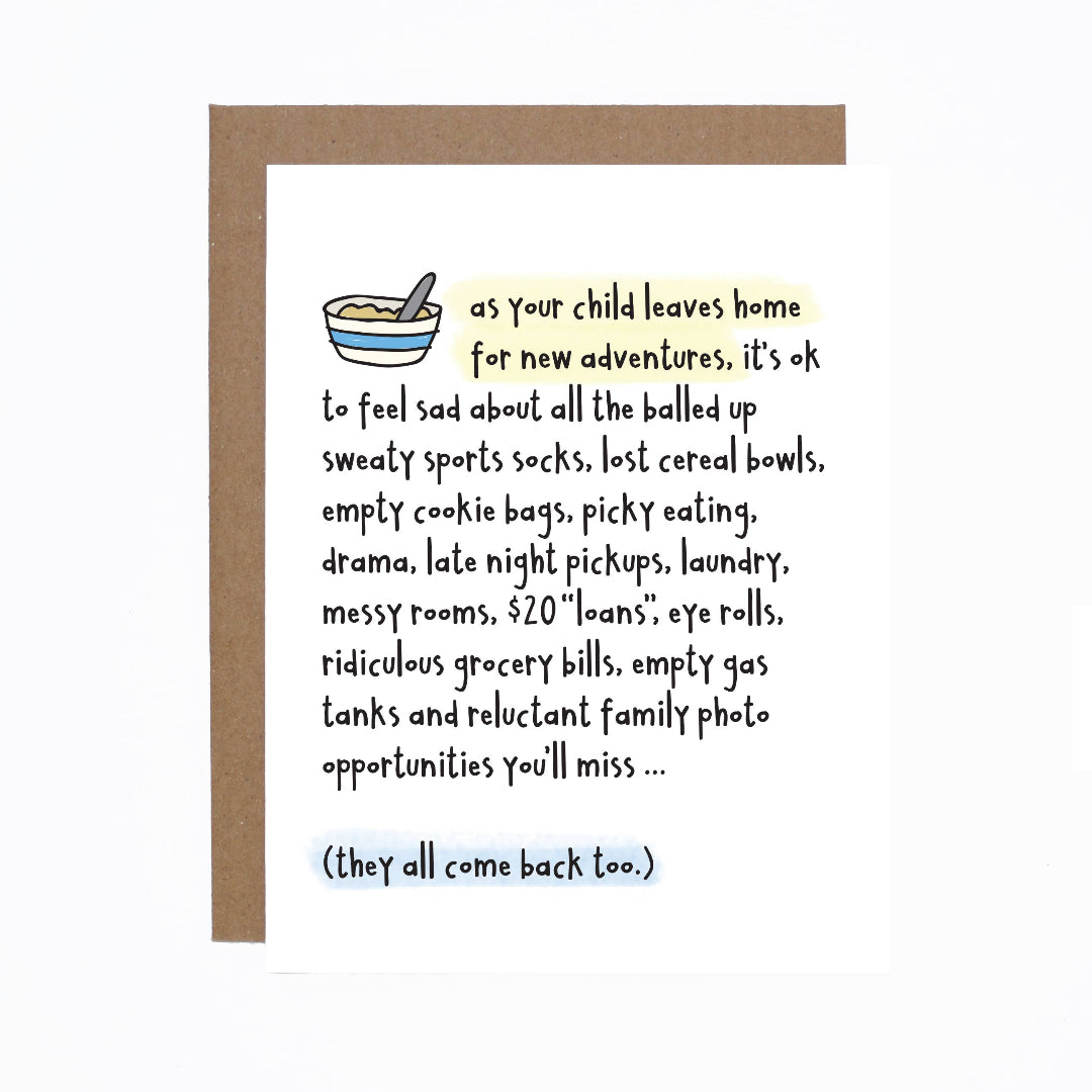 Card with text and illustration of a bowl and spoon on a white background