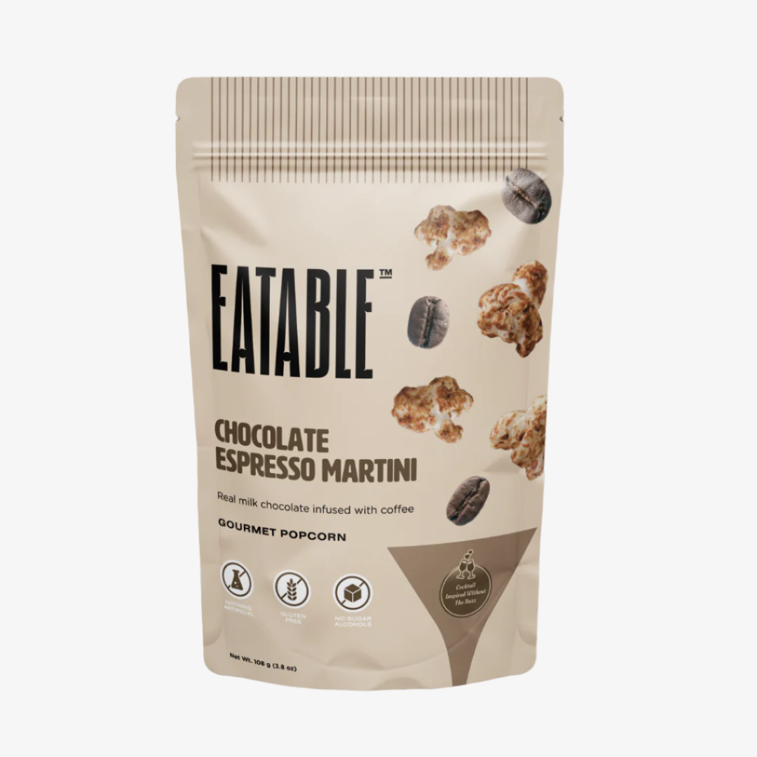 Eatable Chocolate Espresso Martini popcorn package on a brown background
