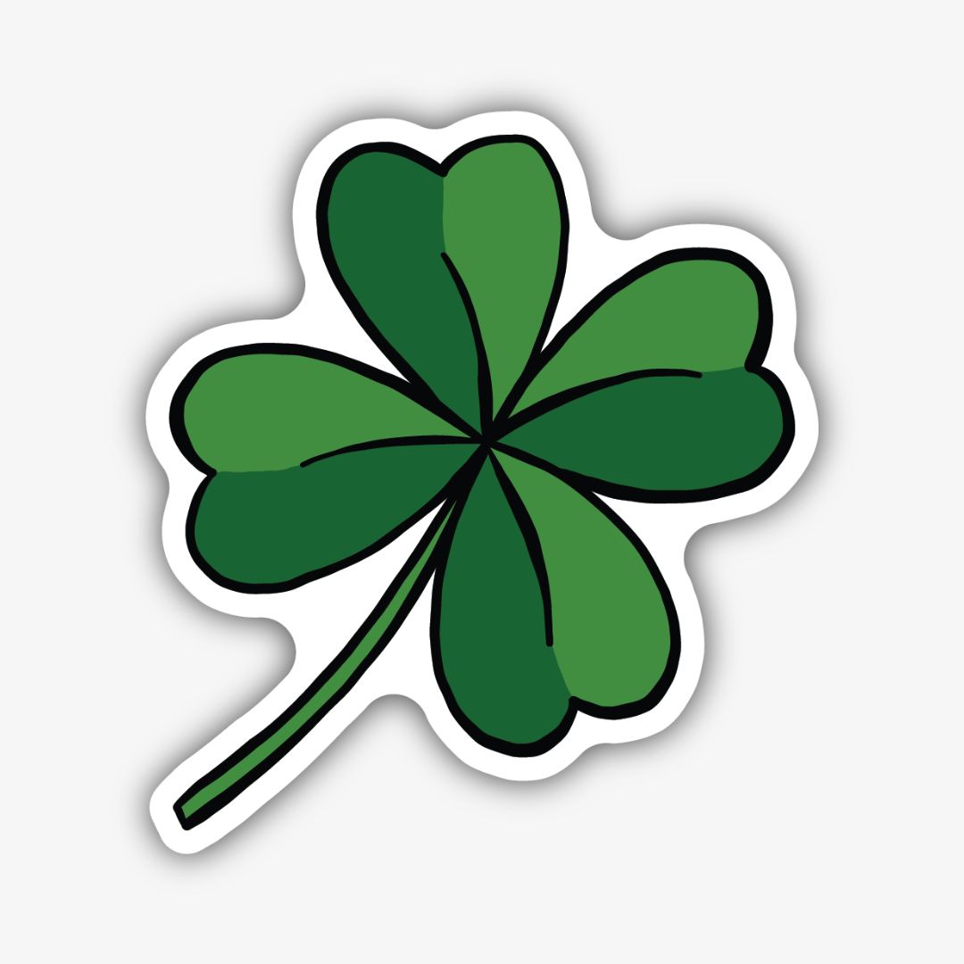 A vibrant, cartoon-style sticker of a four-leaf clover with varying shades of green, outlined with a thick black border.