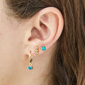 A set of three pairs of turquoise earrings displayed on a blue card. The set includes a pair of stud earrings, a pair of bar earrings with small turquoise beads, and a pair of hoop earrings with dangling turquoise stones. The card has the month "December" and the brand name "Foxy Originals."