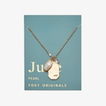 A gold necklace with a pearl stone pendant. The pendant also has the word "LOVE" engraved on it. The necklace is displayed on a blue card with the month "June" and the brand name "Foxy Originals."