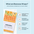 An infographic of "What are Beeswax Wraps?" explaining that they are, 100% natural alternative to plastic wrap, made with all natural ingedients, washable, reusable and compostable, keeps food fresh for longer, beautiful colourful patterns. With an image of the wraps.