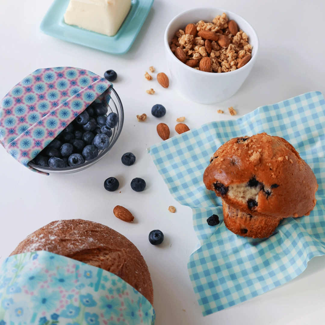 Blue Beeswax Wrap Variety Set is a set of 3 beeswax food wraps in small, medium and large.