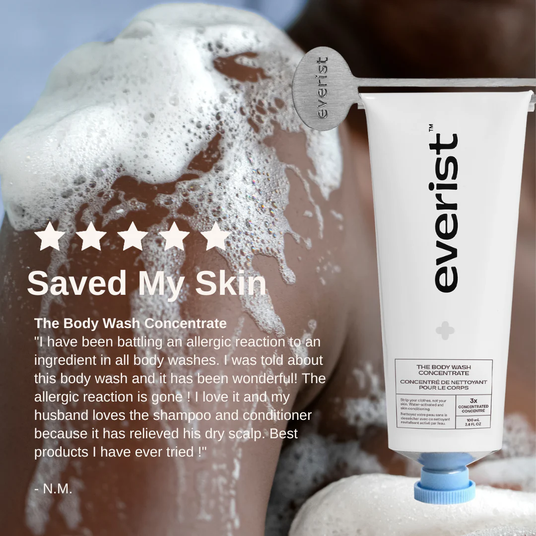 The Body Wash Concentrate review that reads "Saved My Skin: I have been battling an allergic reaction to an ingredient in all body washes. I was told about this body wash and it has been wonderful! The allergic reaction is gone! I love it and my husband loves the shampoo and conditioner because it has relieved his dry scalp. Best product I have ever tried!"