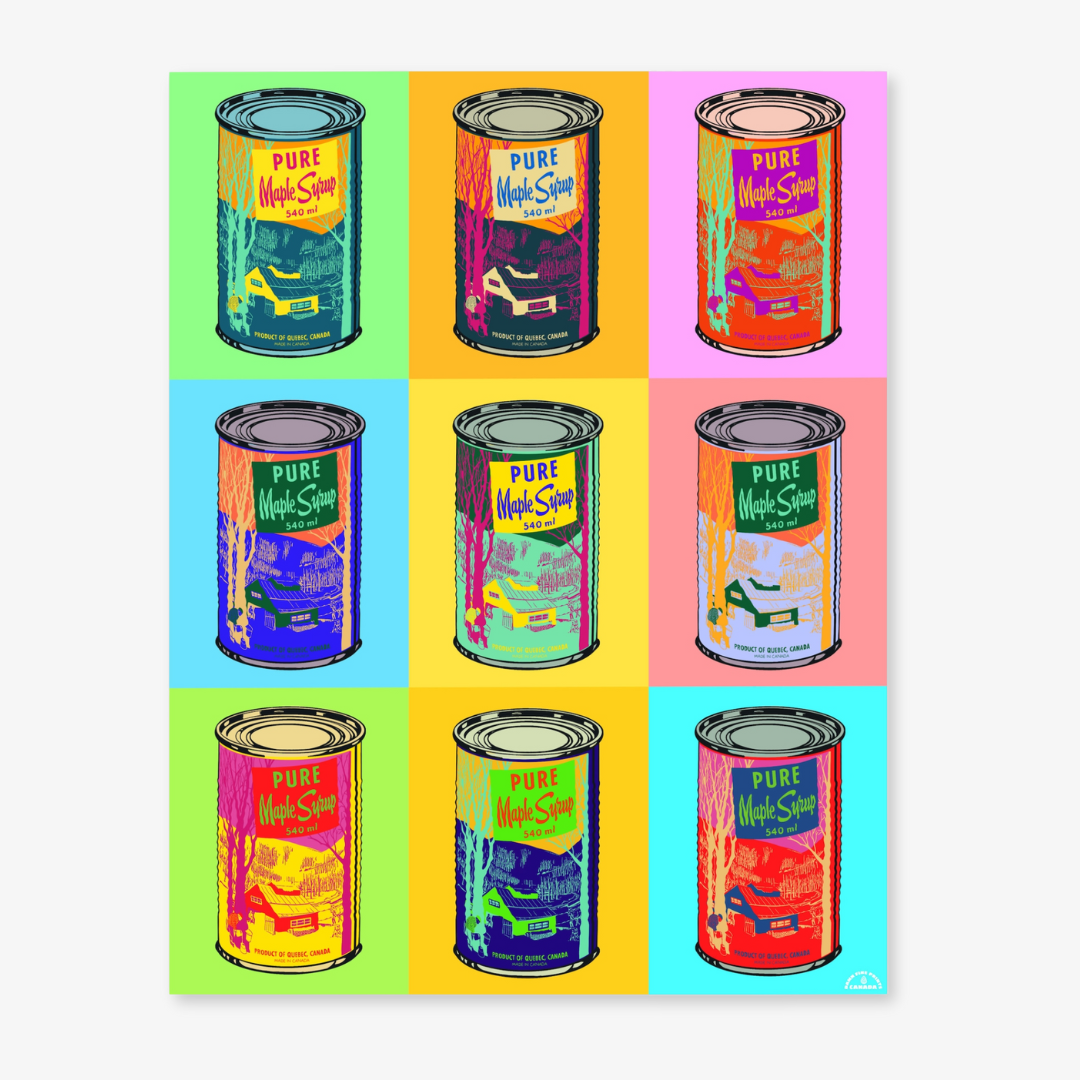 A vibrant pop art print featuring nine stylized cans of pure maple syrup in a grid, each with a different bold color background and contrasting can design. This Canadian food art is likely of interest in Ottawa, Ontario, Canada, known for maple syrup.