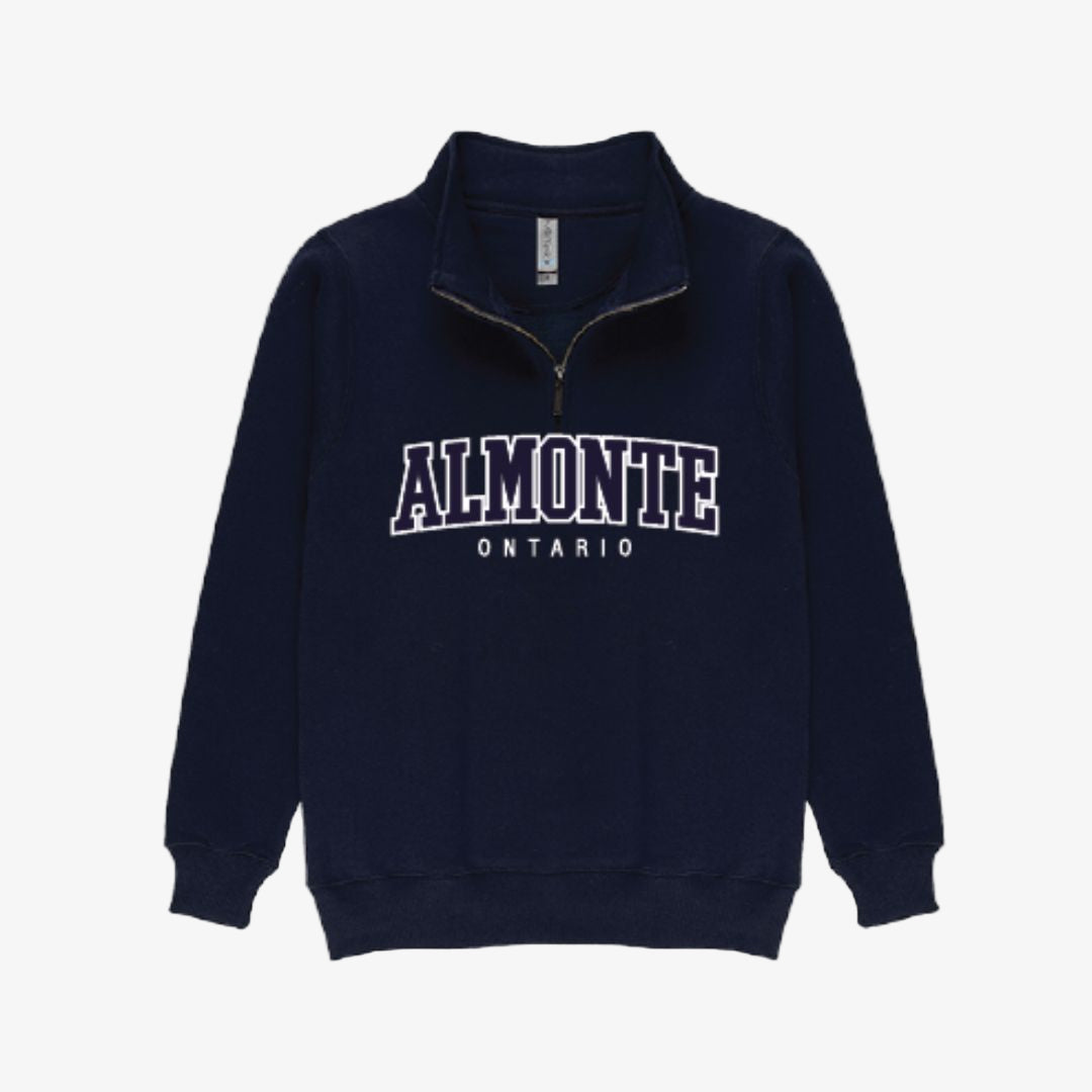 Navy blue sweatshirt with 'Almonte Ontario' text on a white background