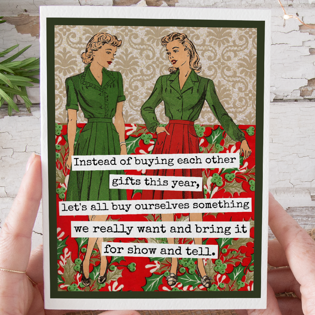 Card with vintage-style illustration of two women in green dresses on a red and green patterned background.