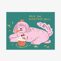 Illustration of a pink dog with a cupcake and text 'Have the sweetest day!' on a teal background