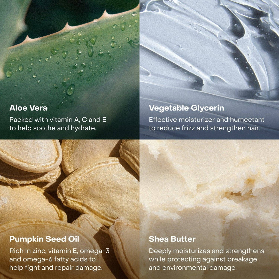 Collage of aloe vera, vegetable glycerin, pumpkin seed oil, and shea butter with descriptive text.