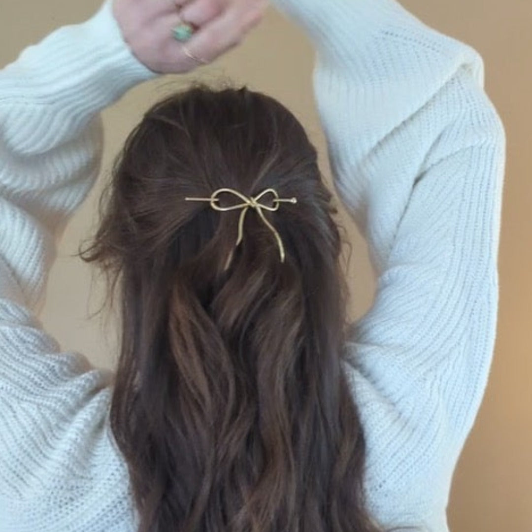 Brass Bow Hairpin brunette woman model