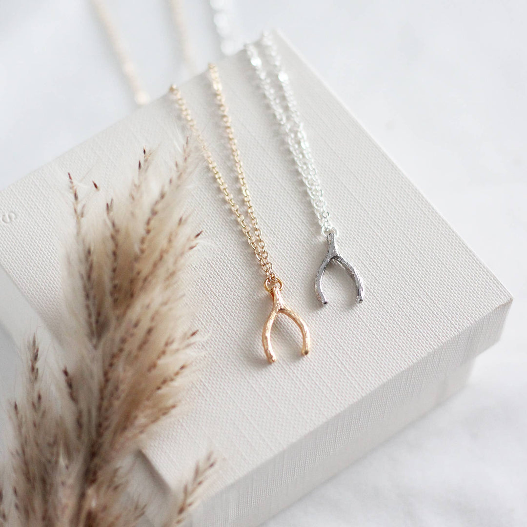 Two necklaces with wishbone pendants on a white surface with dried plants.