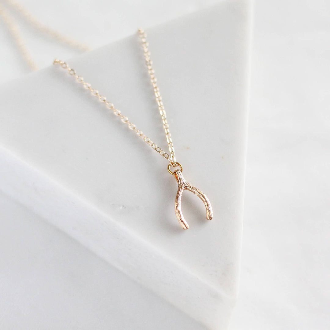 Rose gold wishbone necklace on a white background