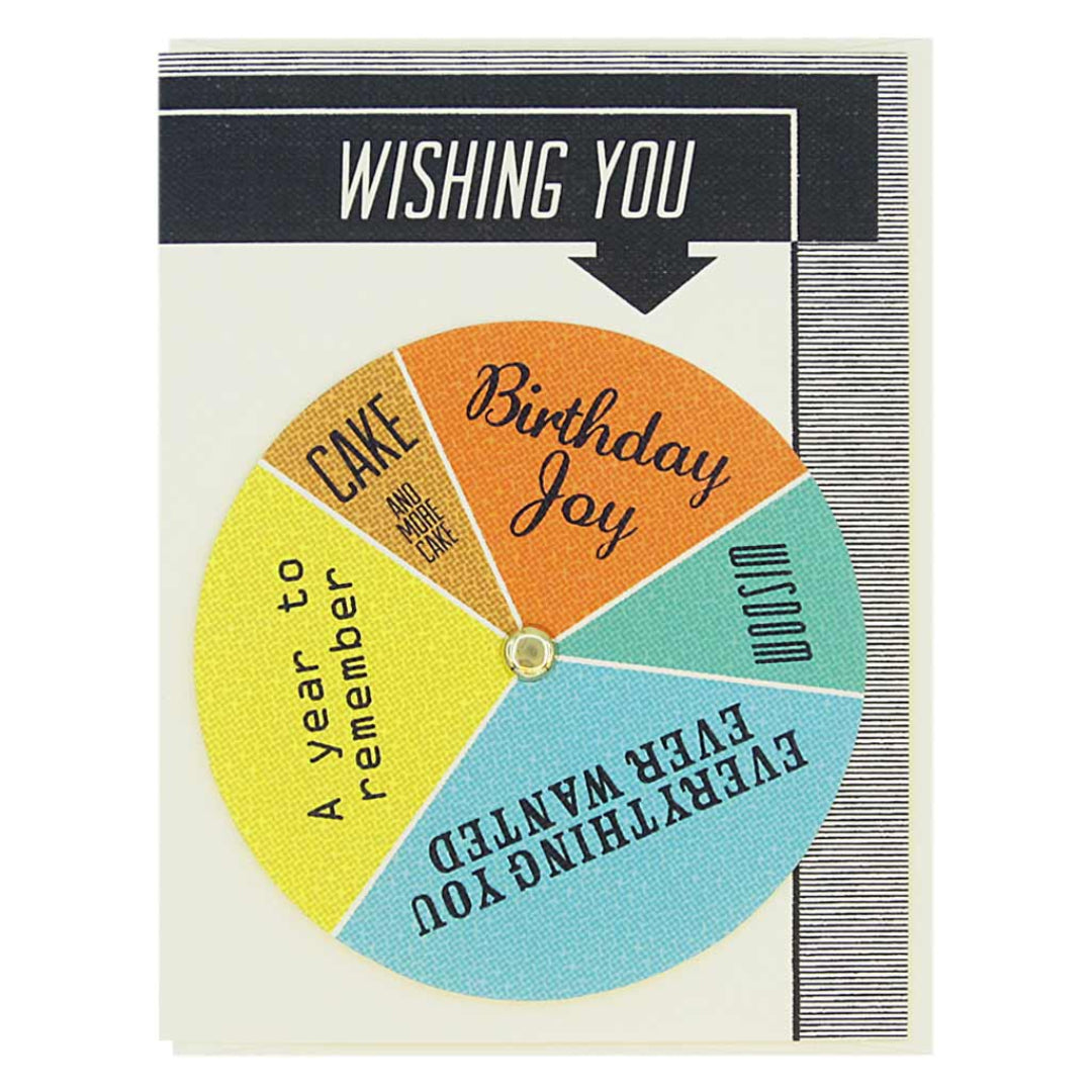 A birthday card with a spinning wheel feature. The card has a black top section with "WISHING YOU" in white text and a white and black striped pattern at the bottom. The central wheel is divided into colorful segments with phrases like "Birthday Joy," "Cake and more Cake," "A year to remember," "EVERYTHING YOU EVER WANTED," and "WISDOM."