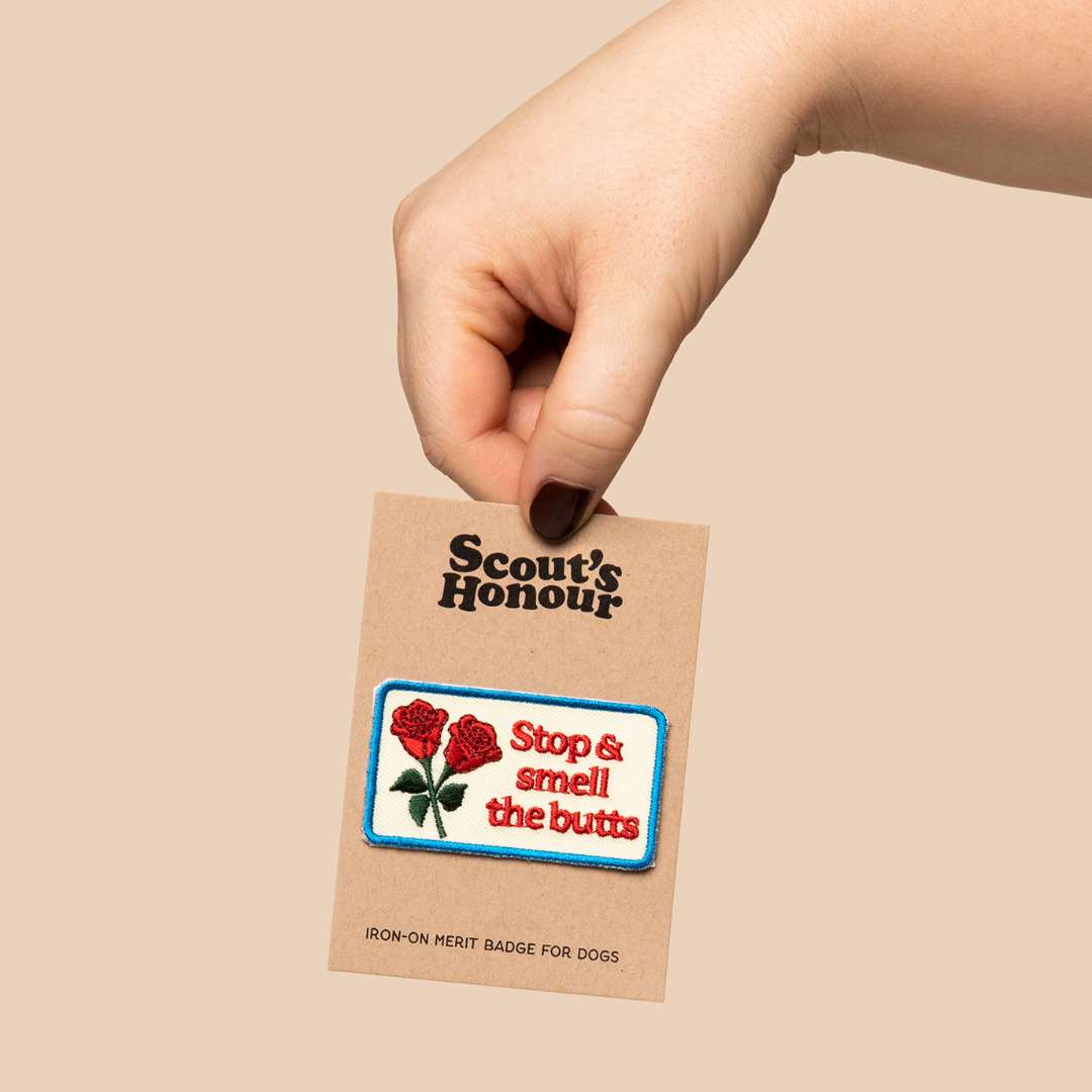 Hand holding a 'Scout's Honour' patch with roses on a beige background